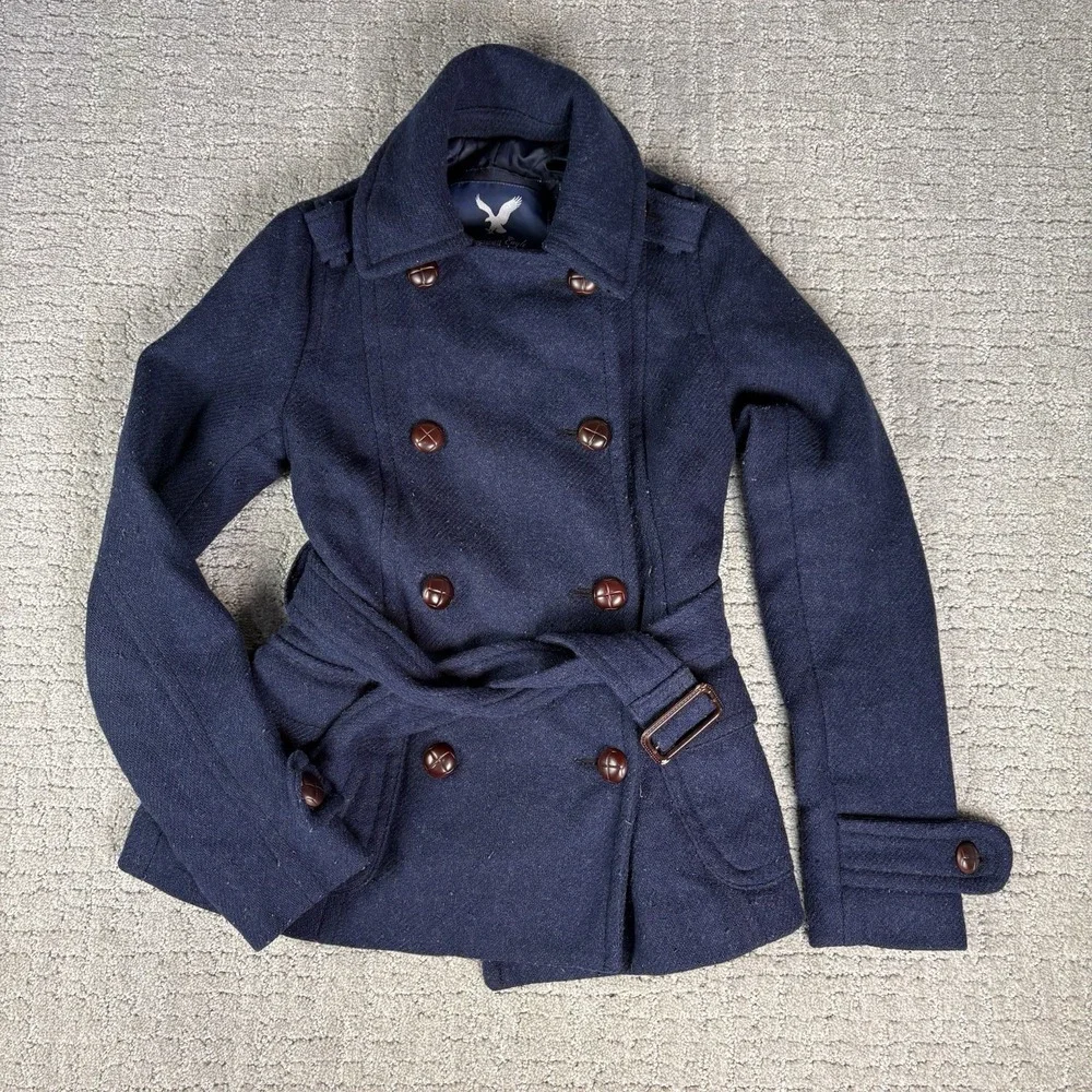 Y2K American Eagle Wool Blend Peacoat Women XS Petite Navy Belted Woven Button